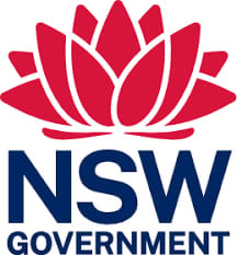 NSW Government logo featuring a red lotus flower above dark blue text reading NSW GOVERNMENT