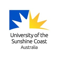 University of the Sunshine Coast Australia logo with blue and gold geometric sun design