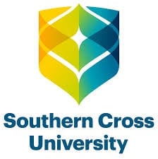 Southern Cross University logo featuring a geometric shield with yellow and teal colors and a centered white star